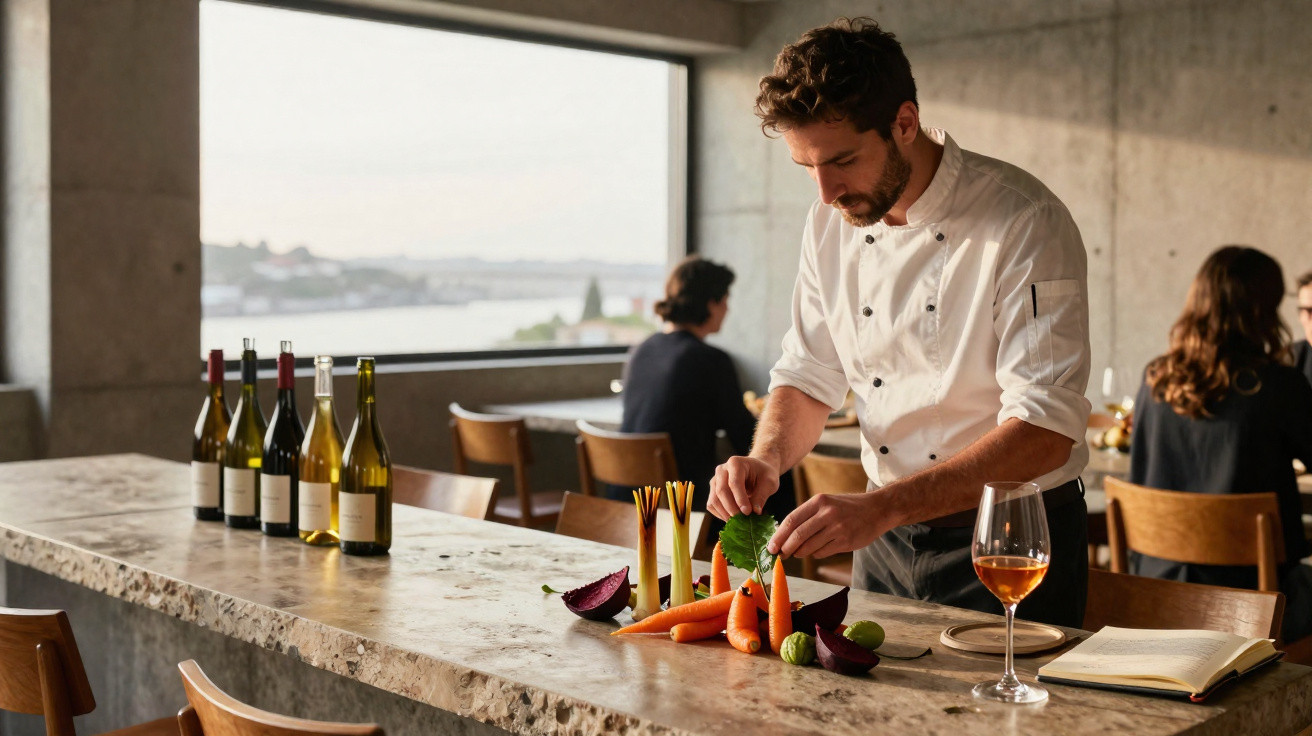 Chef de barba e cabelo encaracolado a preparar prato com legumes num restaurante moderno com vista para o rio.