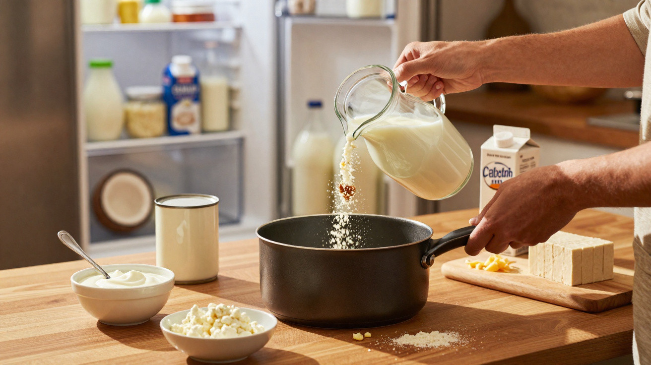 Pessoa a verter leite e ingredientes num tacho na cozinha, com vários produtos lácteos na bancada e frigorífico aberto.