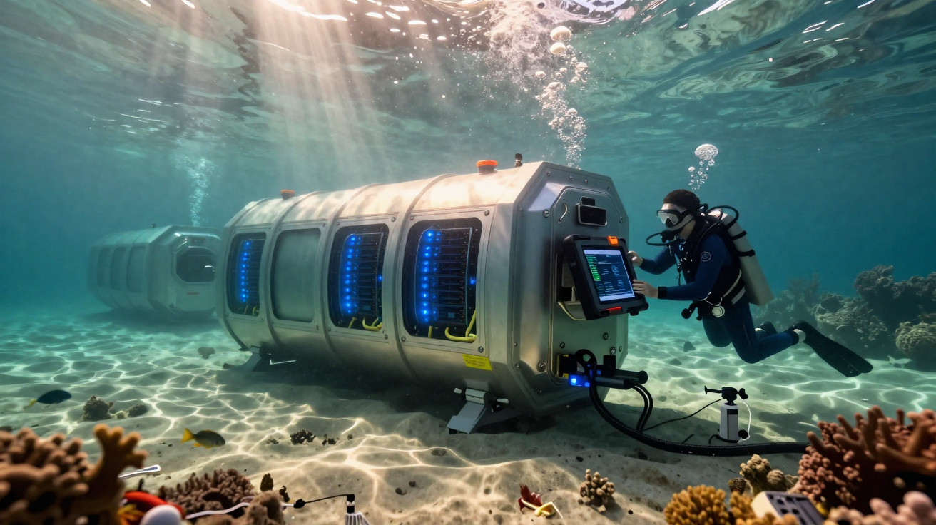 Mergulhador trabalha num equipamento tecnológico subaquático perto de recife de coral iluminado pelo sol.