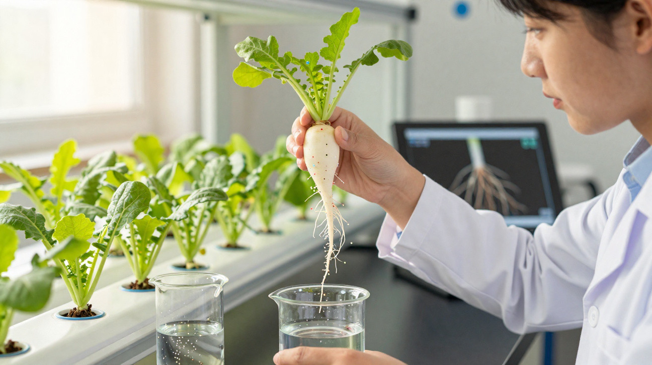 Cientista a retirar uma raiz de rabanete branco de um vaso para análise em laboratório.