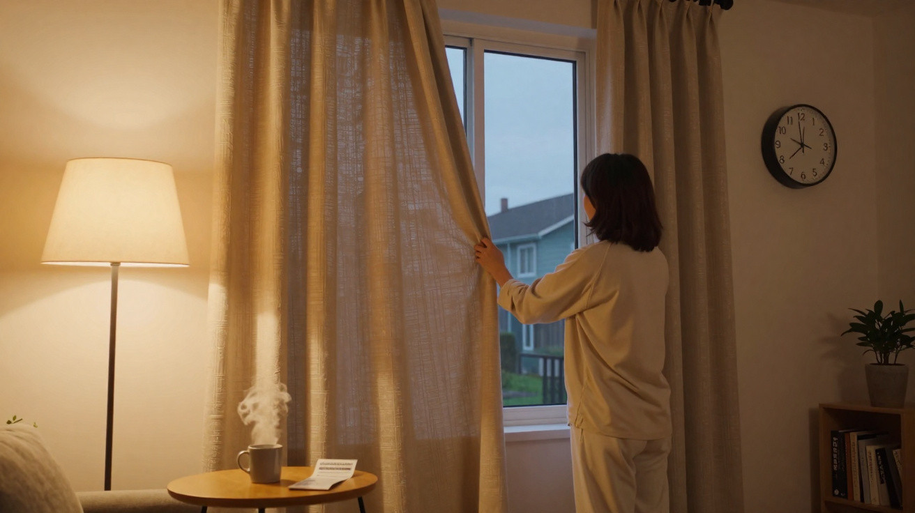 Pessoa com pijama abre cortina à janela durante o amanhecer numa sala com iluminação quente e relógio na parede.