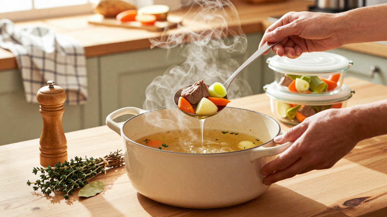 Pessoa a servir sopa quente com legumes e carne numa panela branca numa cozinha iluminada.