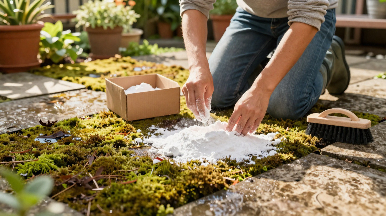 Pessoa a aplicar pó branco em musgo num jardim com plantas em vasos ao fundo.