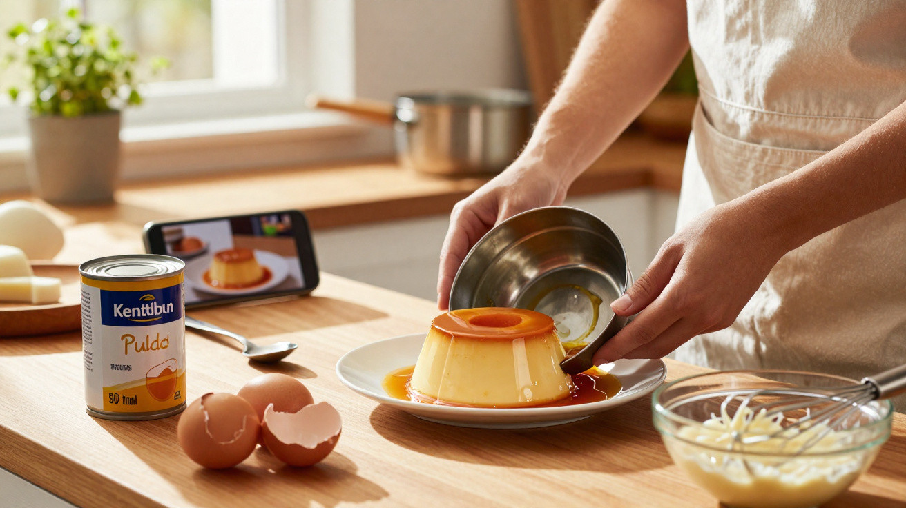 Pessoa a desenformar pudim de caramelo para servir numa cozinha com ingredientes e receita digital ao fundo.