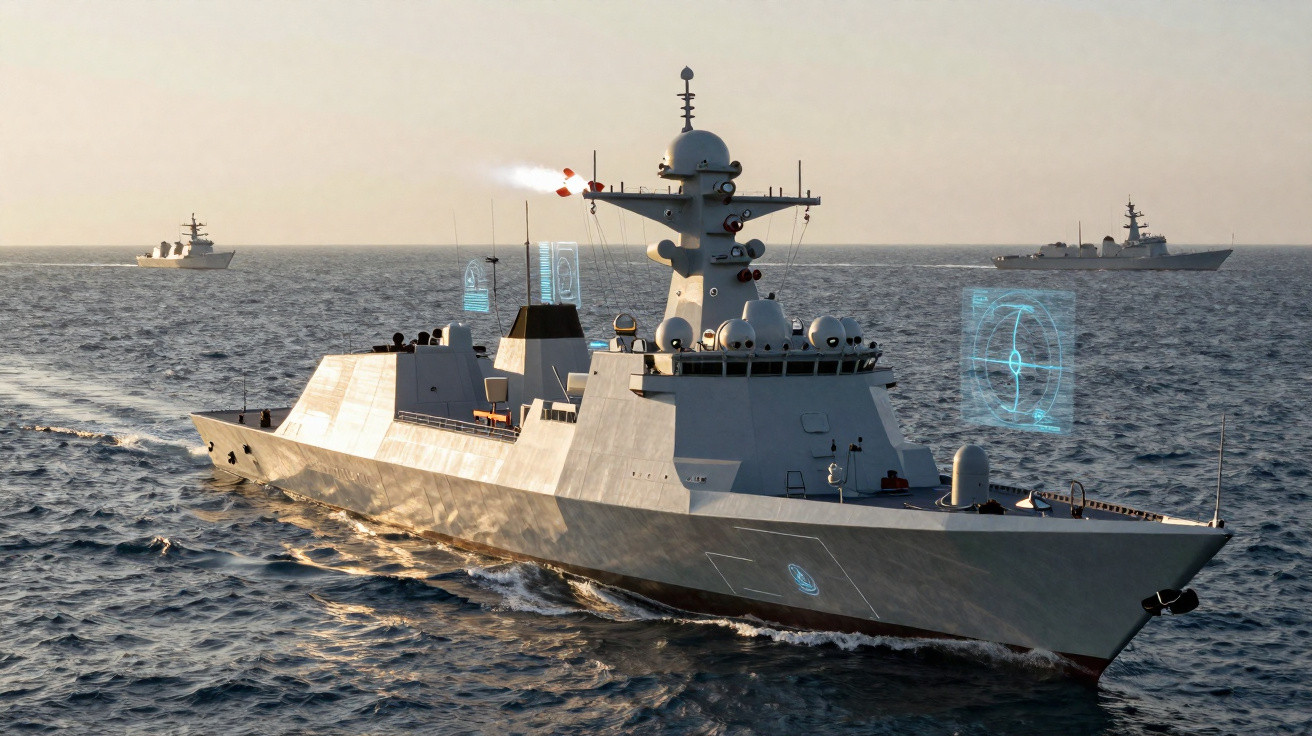 Cruzador de guerra futurista em mar aberto com duas embarcações militares ao fundo e gráficos digitais.