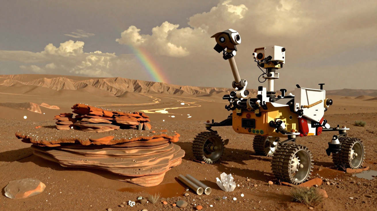 Rover exploratório num terreno árido com formações rochosas, cristais e arco-íris ao fundo.