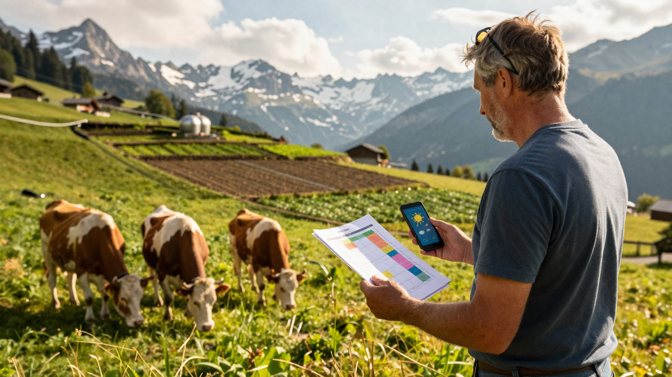 Homem numa paisagem rural montanhosa observa dados no telemóvel com vacas a pastar em primeiro plano.
