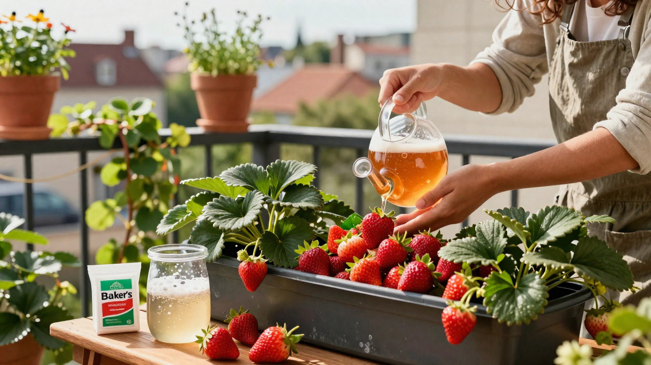 Pessoa a regar morangueiros com jarro de vidro num vaso num terraço com plantas e morangos maduros.