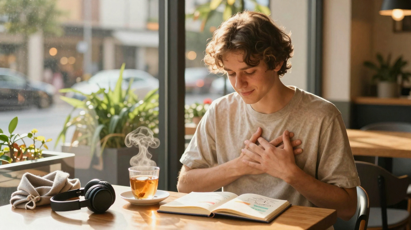 Jovem sentado numa cafeteria, emocionado, com as mãos no peito e a ler um livro aberto na mesa.