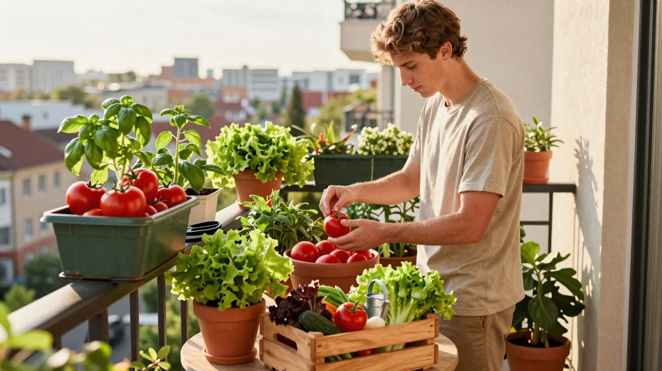 Jovem numa varanda a apanhar tomates maduros de vários vasos e caixotes com legumes e plantas.
