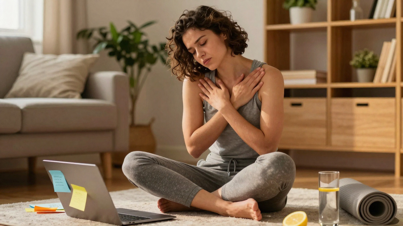 Mulher sentada no chão de yoga a fazer alongamento com laptop aberto à frente, numa sala iluminada.