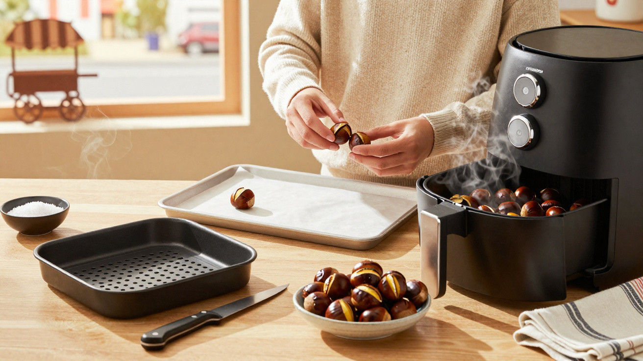 Pessoa a abrir castanhas assadas saídas de uma airfryer preta numa cozinha luminosa.
