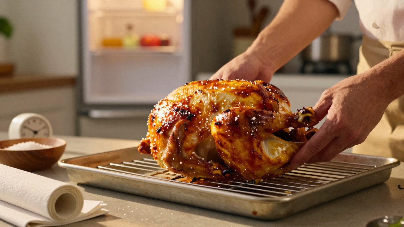 Pessoa a retirar frango assado dourado com sementes do tabuleiro de forno na cozinha.