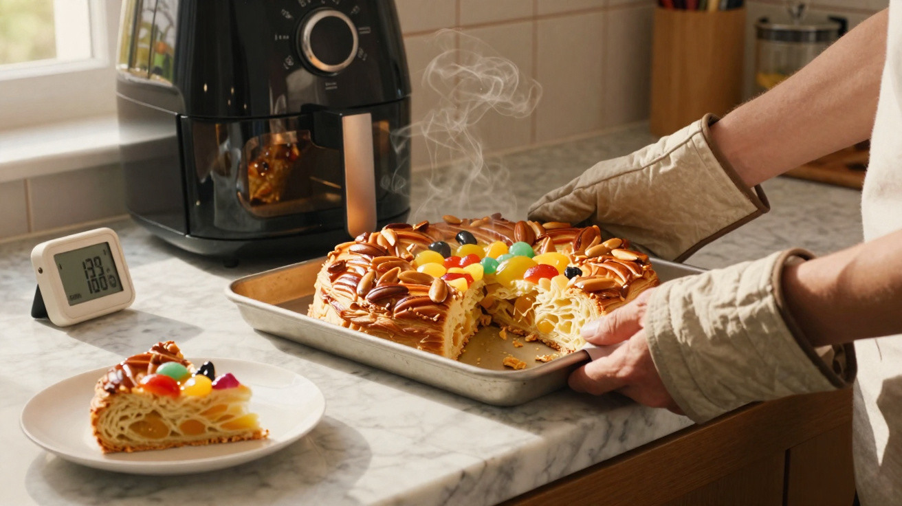 Pessoa a retirar do forno um bolo com frutos cristalizados e amêndoas, com um pedaço servido num prato branco.