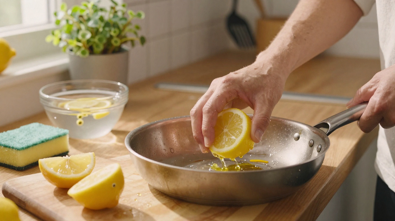 Pessoa a espremer limão numa frigideira numa cozinha com utensílios e luz natural.