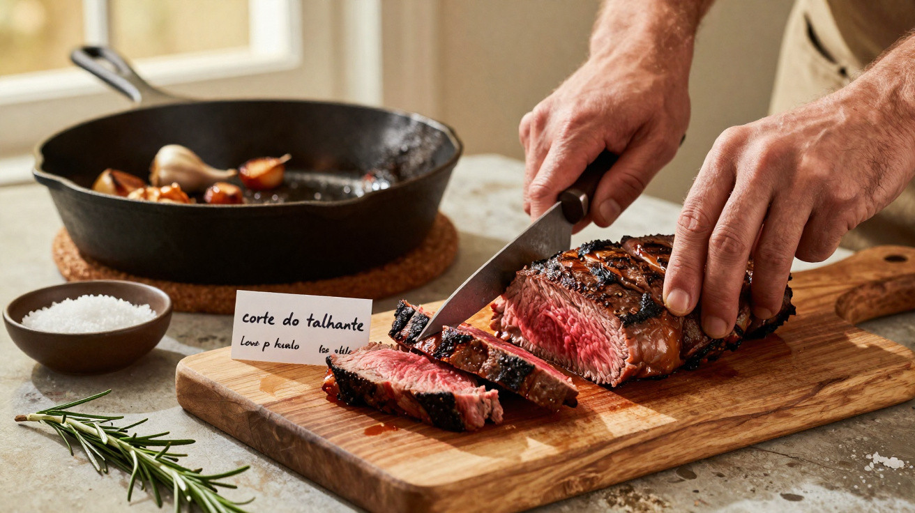 Pessoa a cortar bife mal passado numa tábua de cozinha com tigela de sal e ervas ao lado.