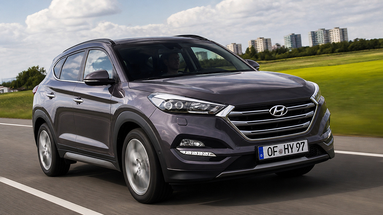 Carro Hyundai cinza a circular numa estrada com prédios e campo ao fundo em dia nublado.