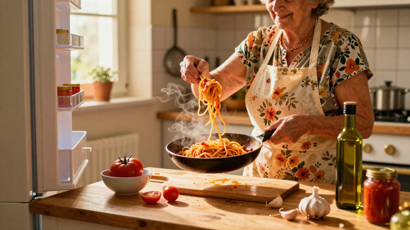 Senhora idosa a cozinhar esparguete quente numa cozinha luminosa e acolhedora.