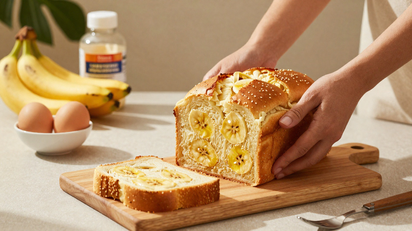 Pão caseiro com fatias visíveis de banana, na tábua de corte, mãos a segurar o pão, ovos e bananas ao fundo.