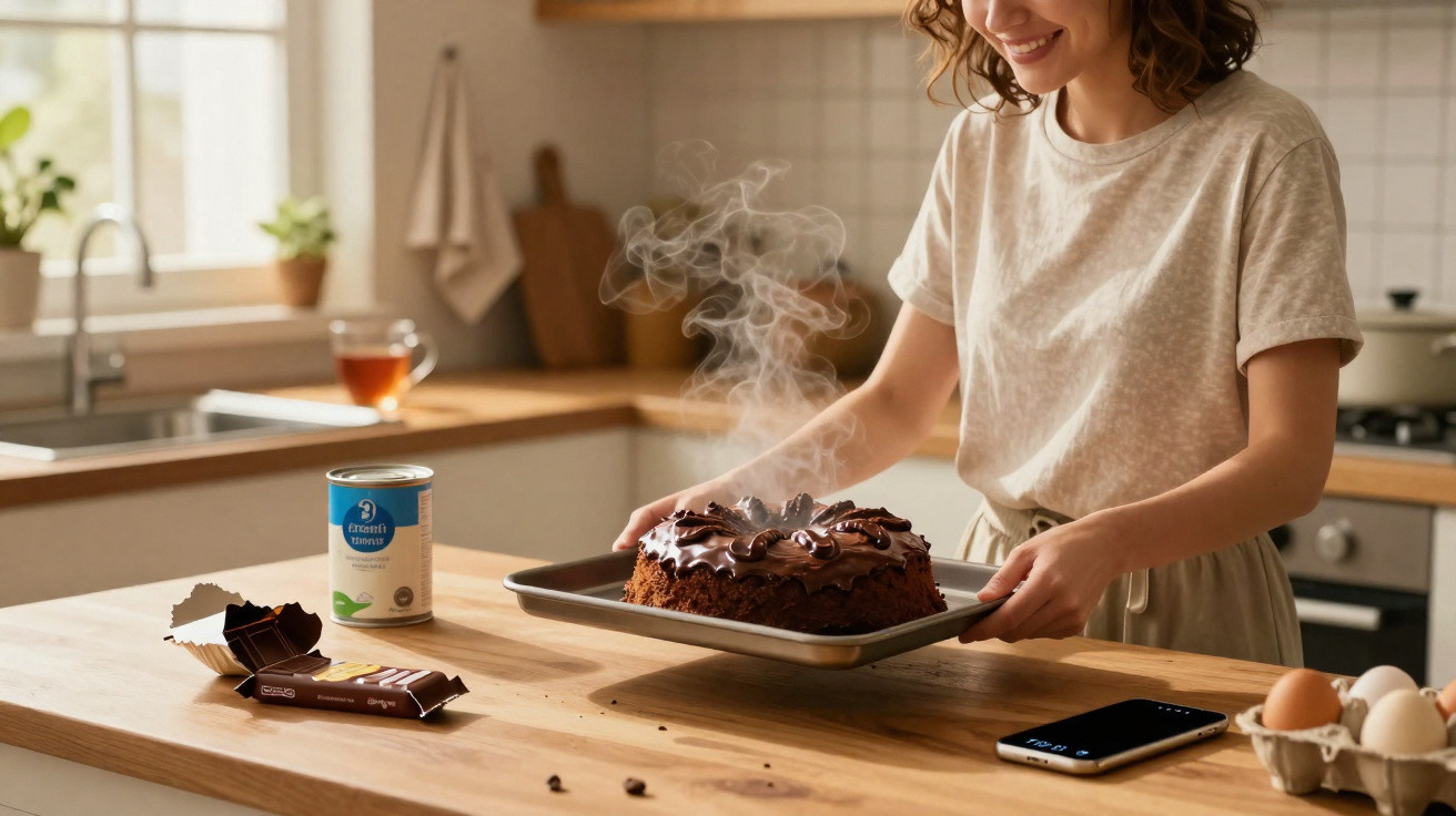Mulher sorridente a retirar bolo quente de chocolate do forno numa cozinha acolhedora e iluminada.