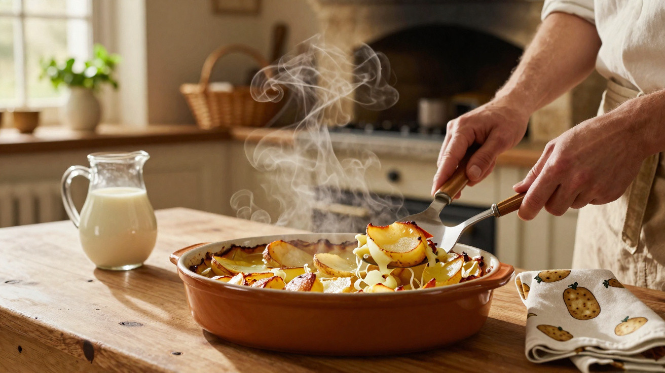 Pessoa a servir batatas assadas fumegantes numa travessa de barro numa cozinha rústica.