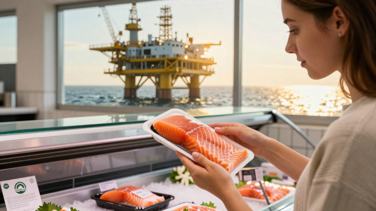 Mulher segura embalagem de salmão num supermercado com plataforma petrolífera ao fundo no mar ao pôr do sol.