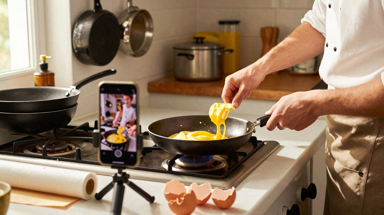 Pessoa a cozinhar ovos mexidos num fogão enquanto grava com telemóvel numa cozinha moderna.