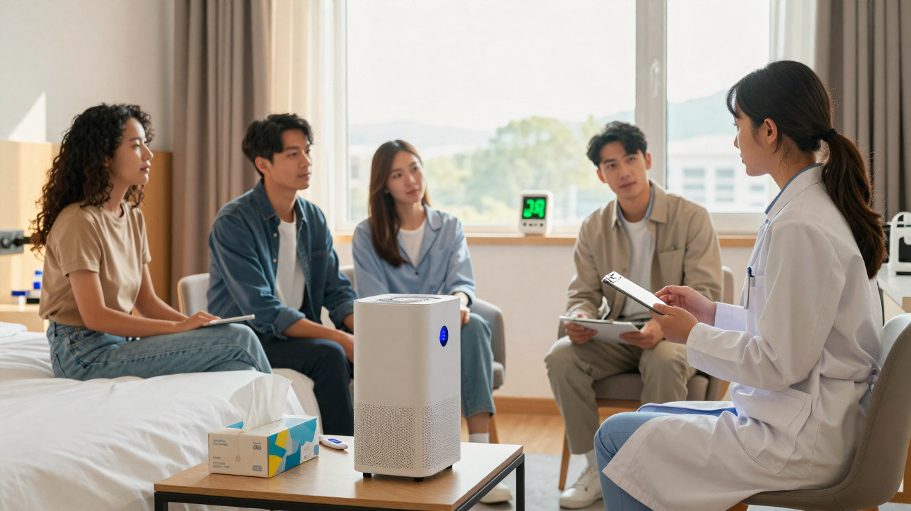 Grupo de jovens numa consulta médica, com uma enfermeira a explicar algo sentado à frente.