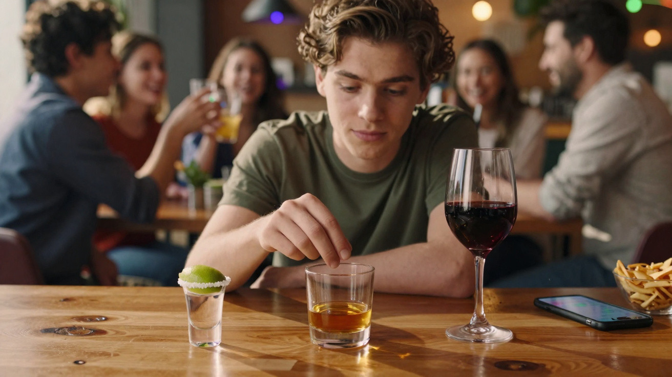 Jovem sentado sozinho com bebidas alcoólicas à frente, enquanto grupo socializa ao fundo num bar.