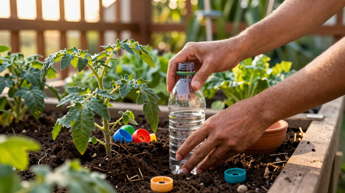 Mãos a colocar garrafa de água para regar planta numa horta com tampas coloridas espalhadas na terra.