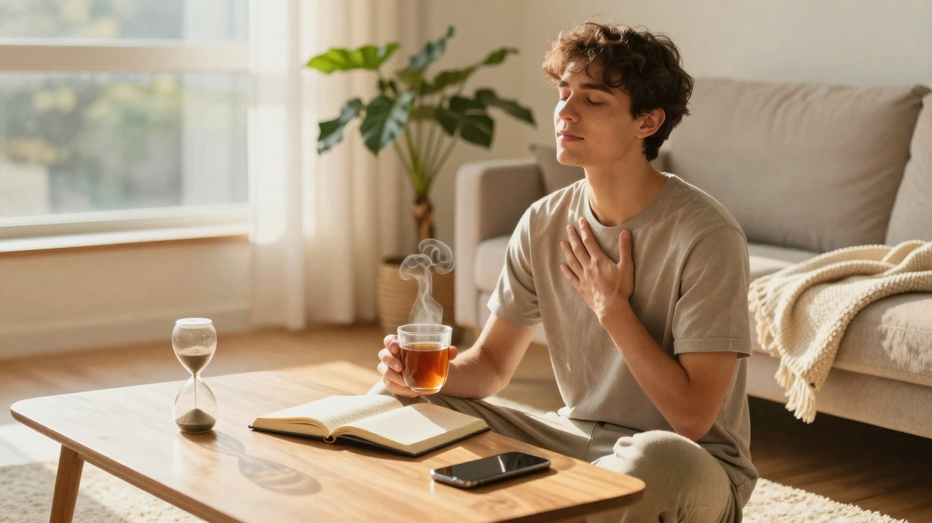 Jovem sentado no chão a saborear chá quente, com livro aberto e ampulheta numa mesa à frente.