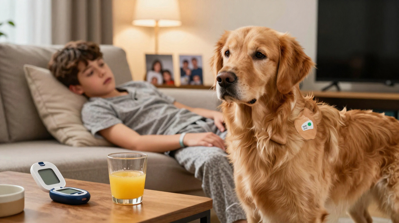 Cão dourado com dispositivo no pescoço e menino deitado no sofá ao fundo com medidor e sumo na mesa.