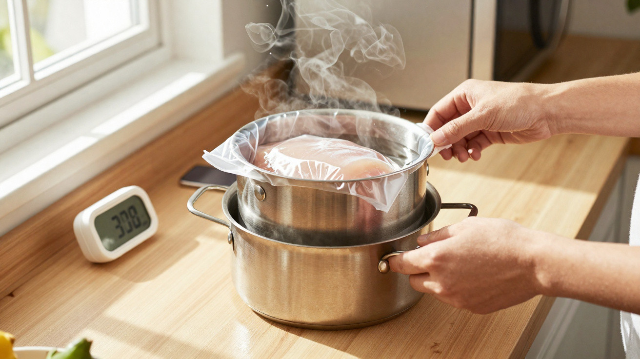 Mãos a cozinhar sous vide com saco plástico dentro de panela com vapor numa cozinha iluminada.