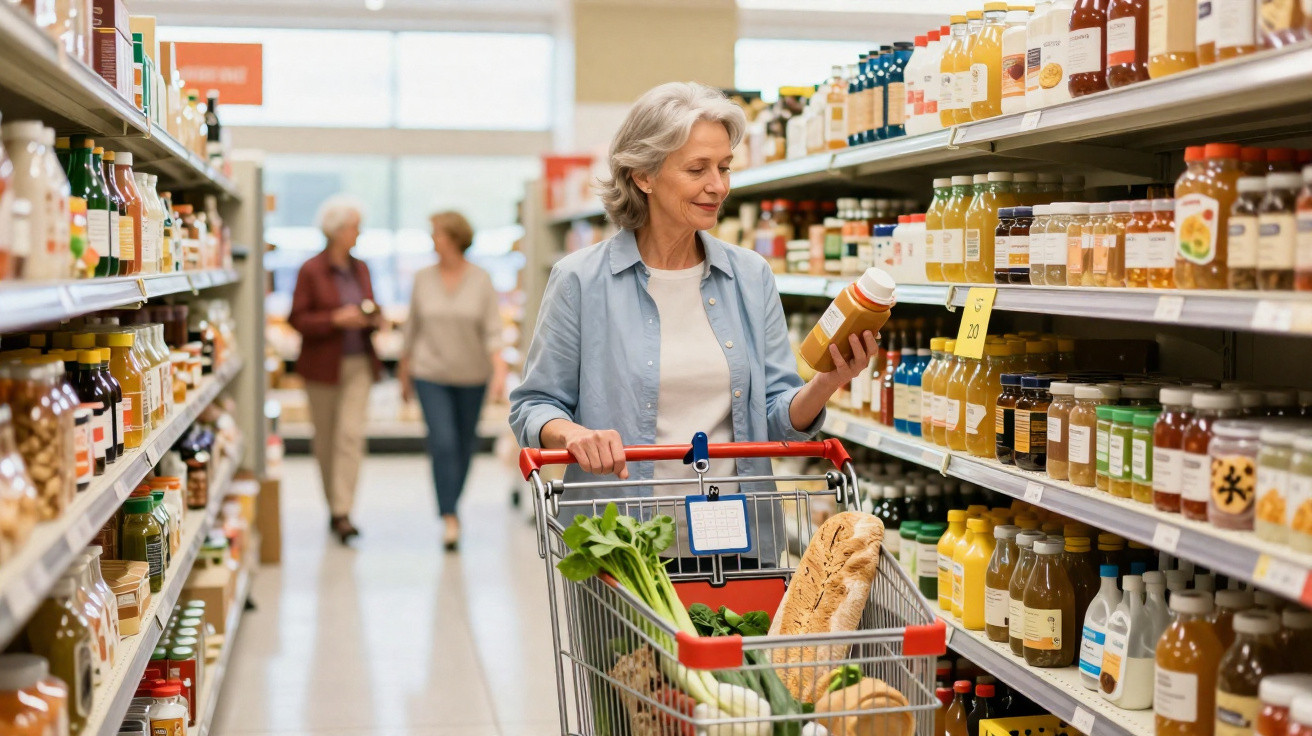 Mulher a fazer compras num supermercado a escolher uma garrafa entre prateleiras de sumos variados.