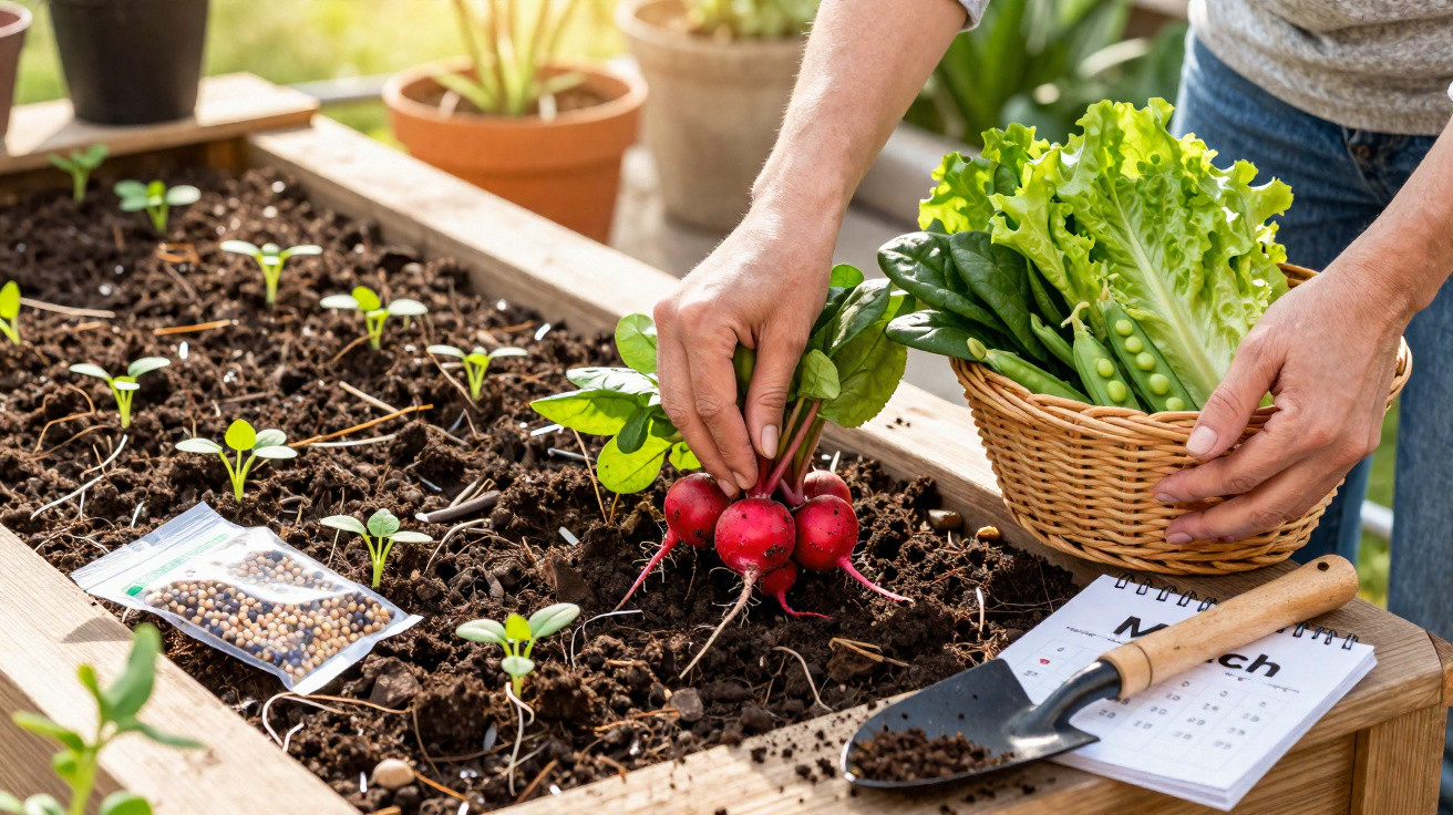 Pessoa a colher rabanetes num jardim elevado com cesta de legumes frescos ao lado e sementes na terra.