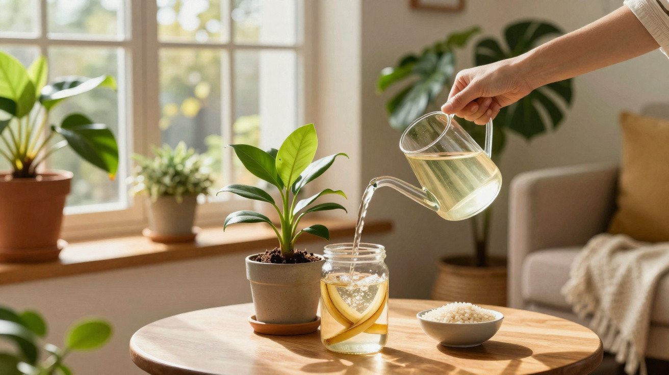 Mão a verter água de rega caseira para um vaso de planta numa sala com luz natural.