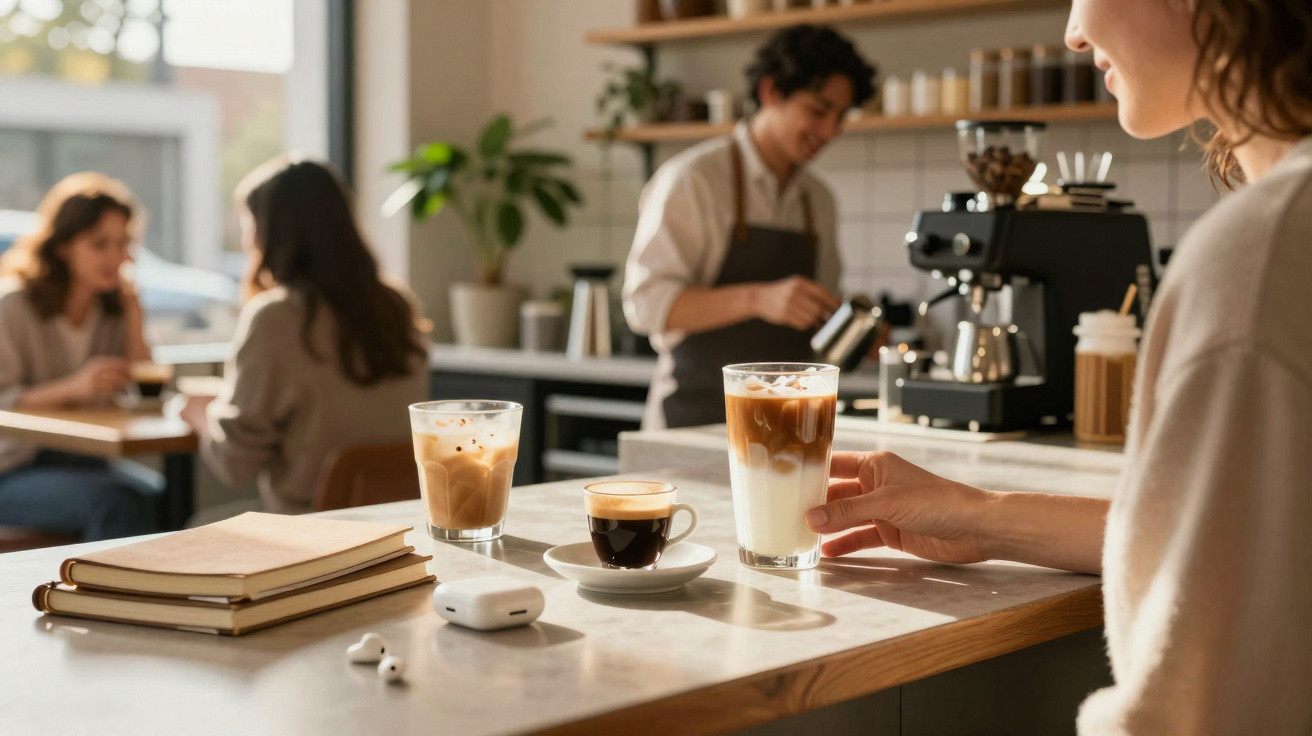 Pessoa a segurar copo de café com leite gelado numa cafeteria, com bebidas e livros sobre a mesa.