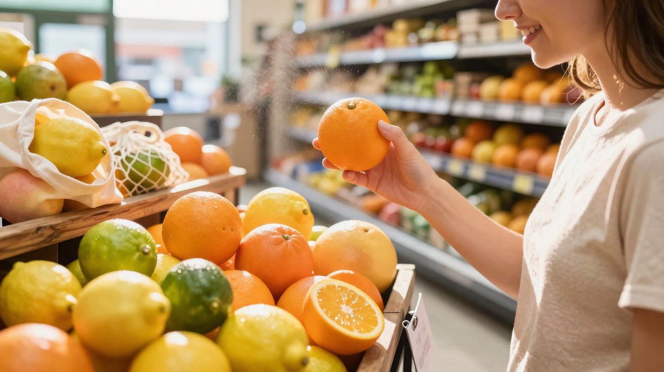 Mulher a escolher laranja fresca numa fruteira de supermercado com diversidade de citrinos.
