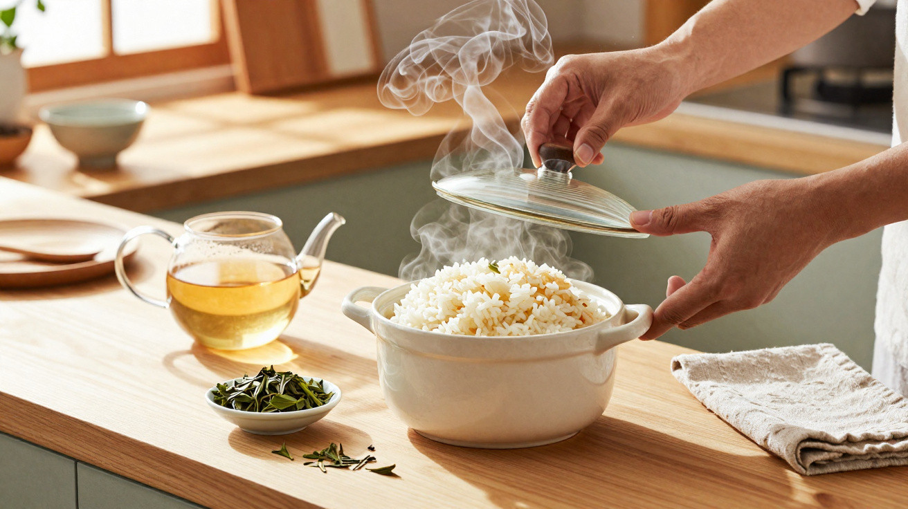 Mãos a levantar tampa de panela a fumegar com arroz cozido, chá e folhas de chá sobre bancada de madeira.