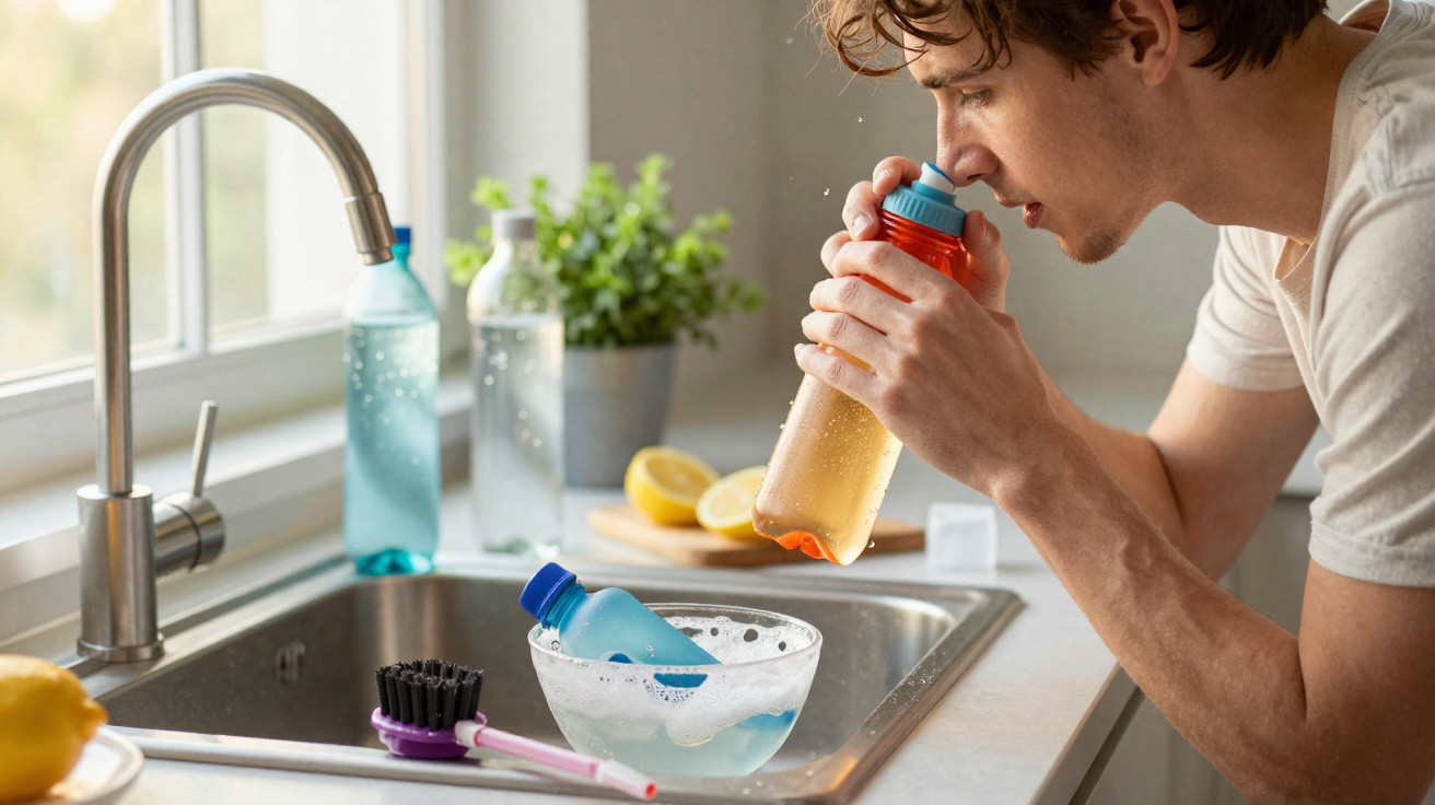 Homem a refrescar uma garrafa com líquido num recipiente com gelo na cozinha junto à pia.