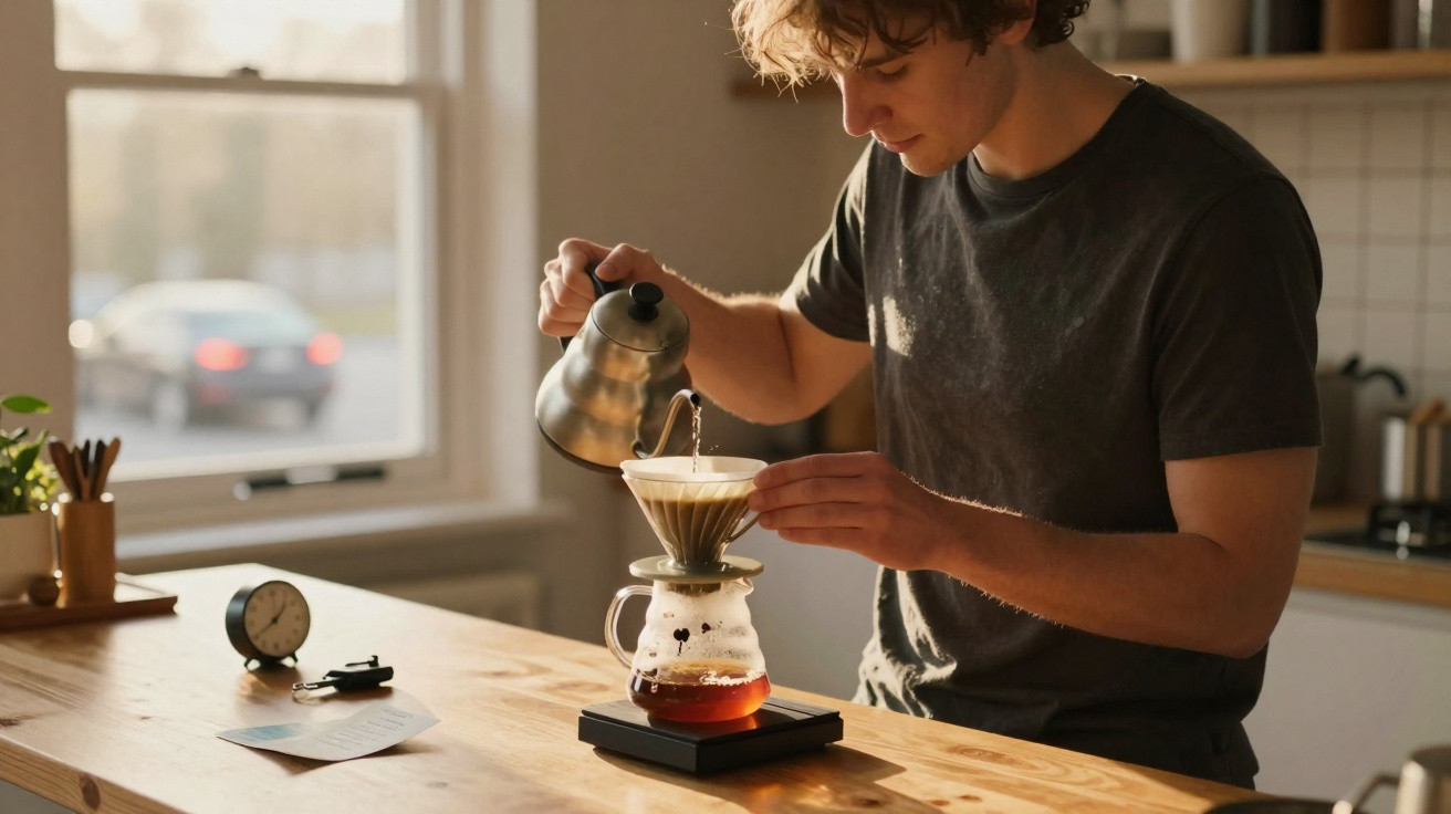 Jovem a preparar café coado em cafeteira de vidro, numa cozinha iluminada pela manhã.