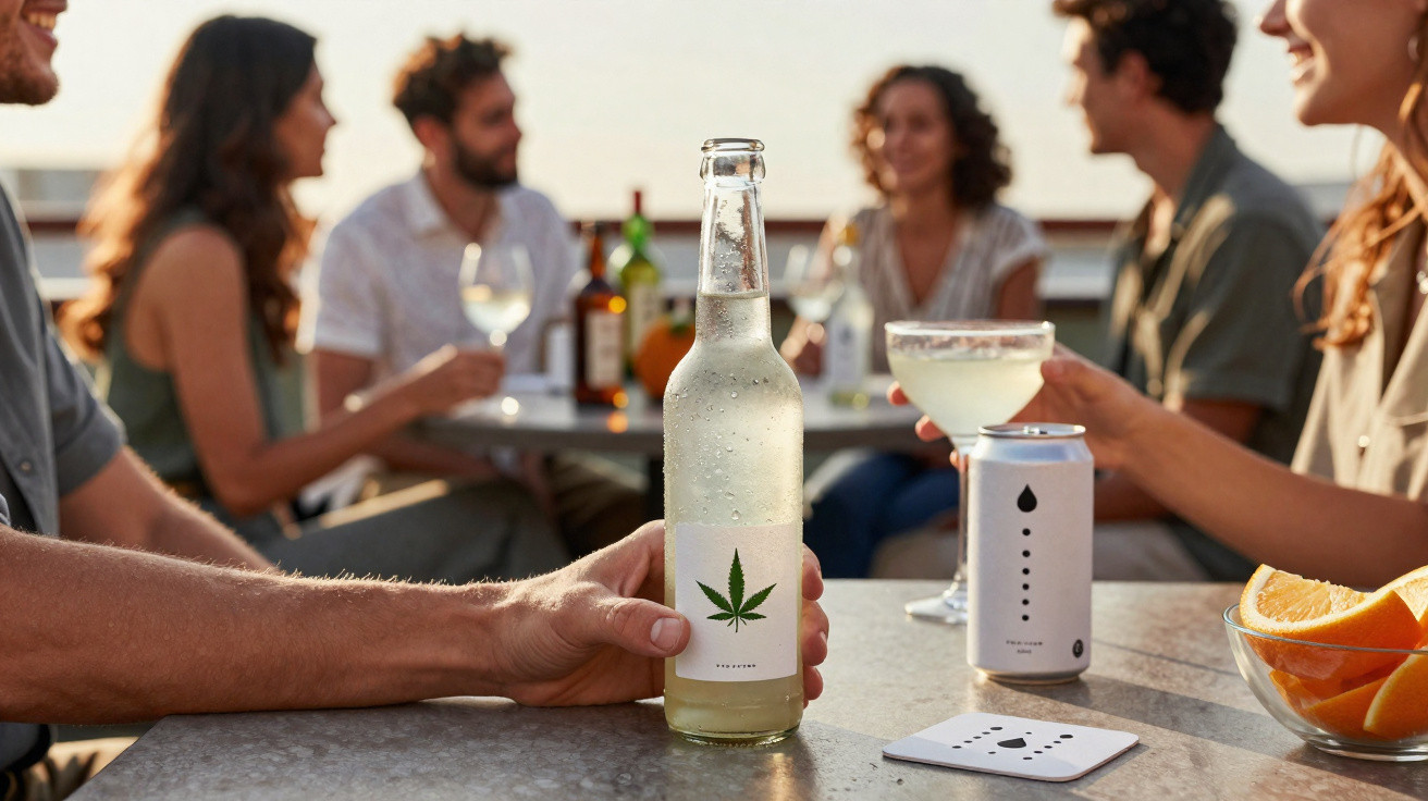 Grupo de amigos a socializar ao ar livre com bebidas, incluindo uma garrafa com rótulo de folha de cannabis.