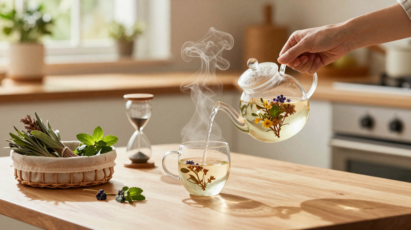 Pessoa a servir chá quente numa chávena de vidro com flores, numa cozinha iluminada e decorada com plantas.