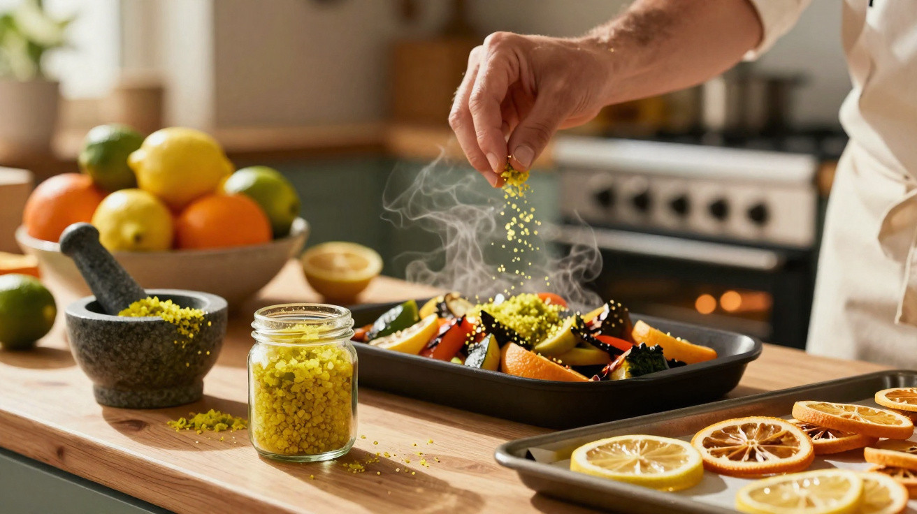 Mão a polvilhar tempero amarelo em legumes assados numa tabuleiro, com frutos e limões cortados à frente.