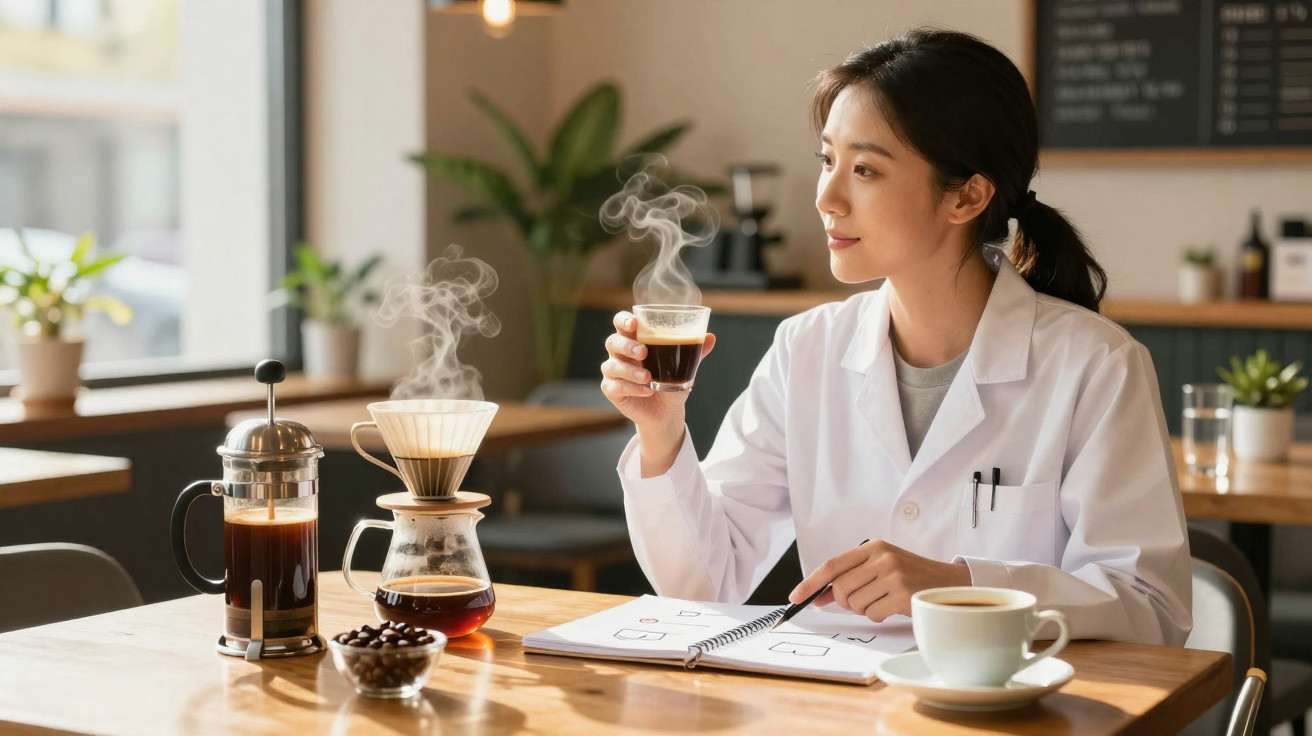 Mulher com bata branca a apreciar café quente num café moderno com equipamento de café e notebook à frente.