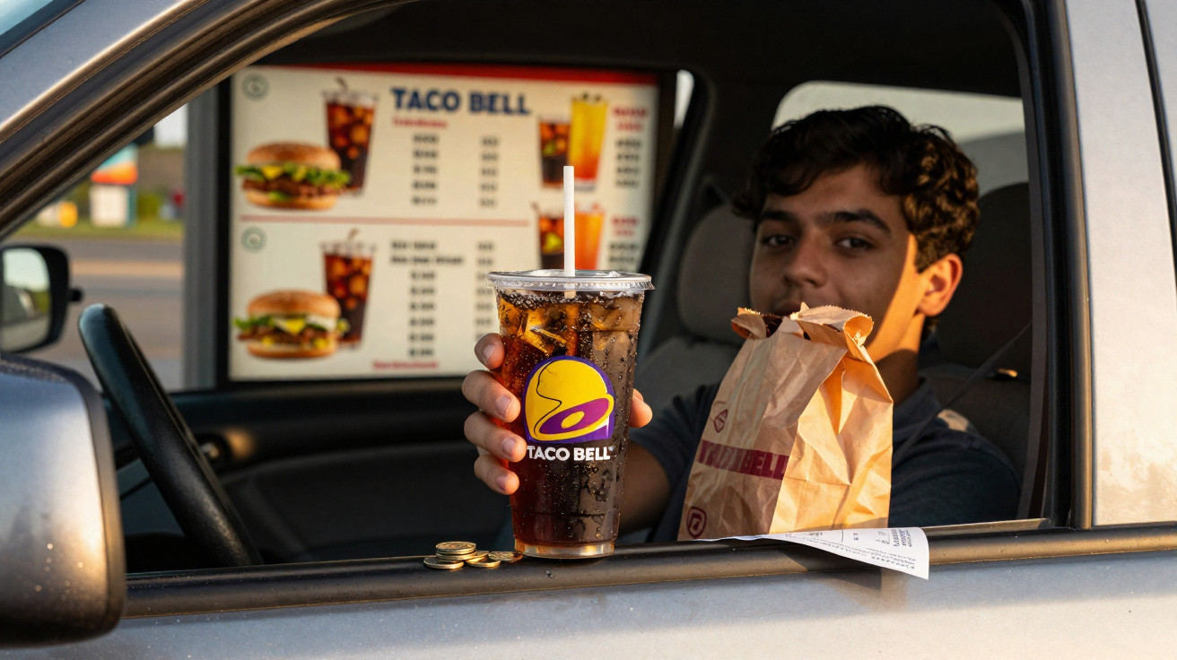 Homem no carro a segurar bebida e saco com comida do Taco Bell no serviço de drive-thru.