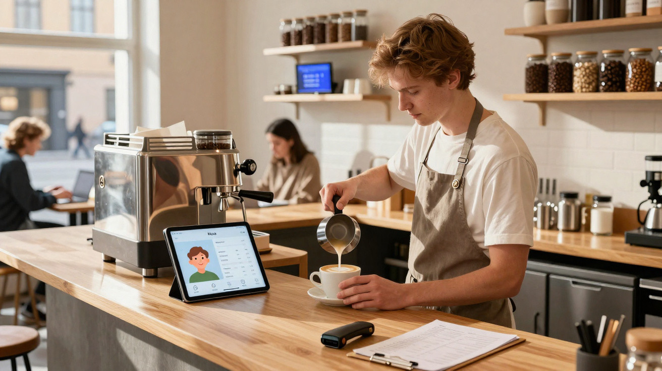 Barista a preparar uma bebida de café num café moderno com clientes ao fundo a usar computador e tablet.