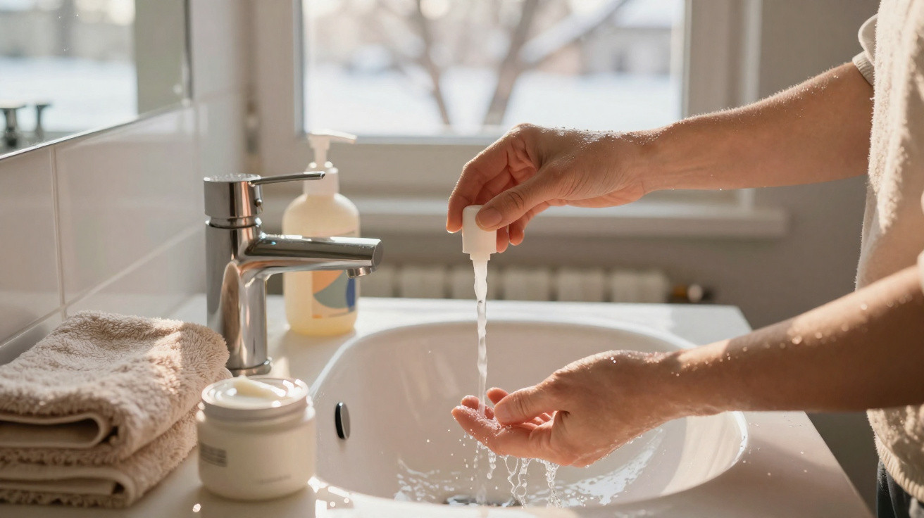 Mãos a aplicar líquido desinfetante num lavatório com toalhas e produtos de higiene ao lado.