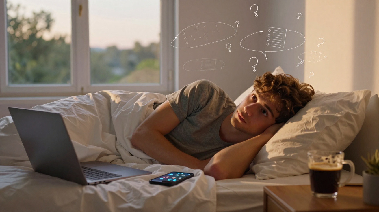 Jovem deitado na cama com expressão pensativa, rodeado por tecnologia e símbolos de dúvida.