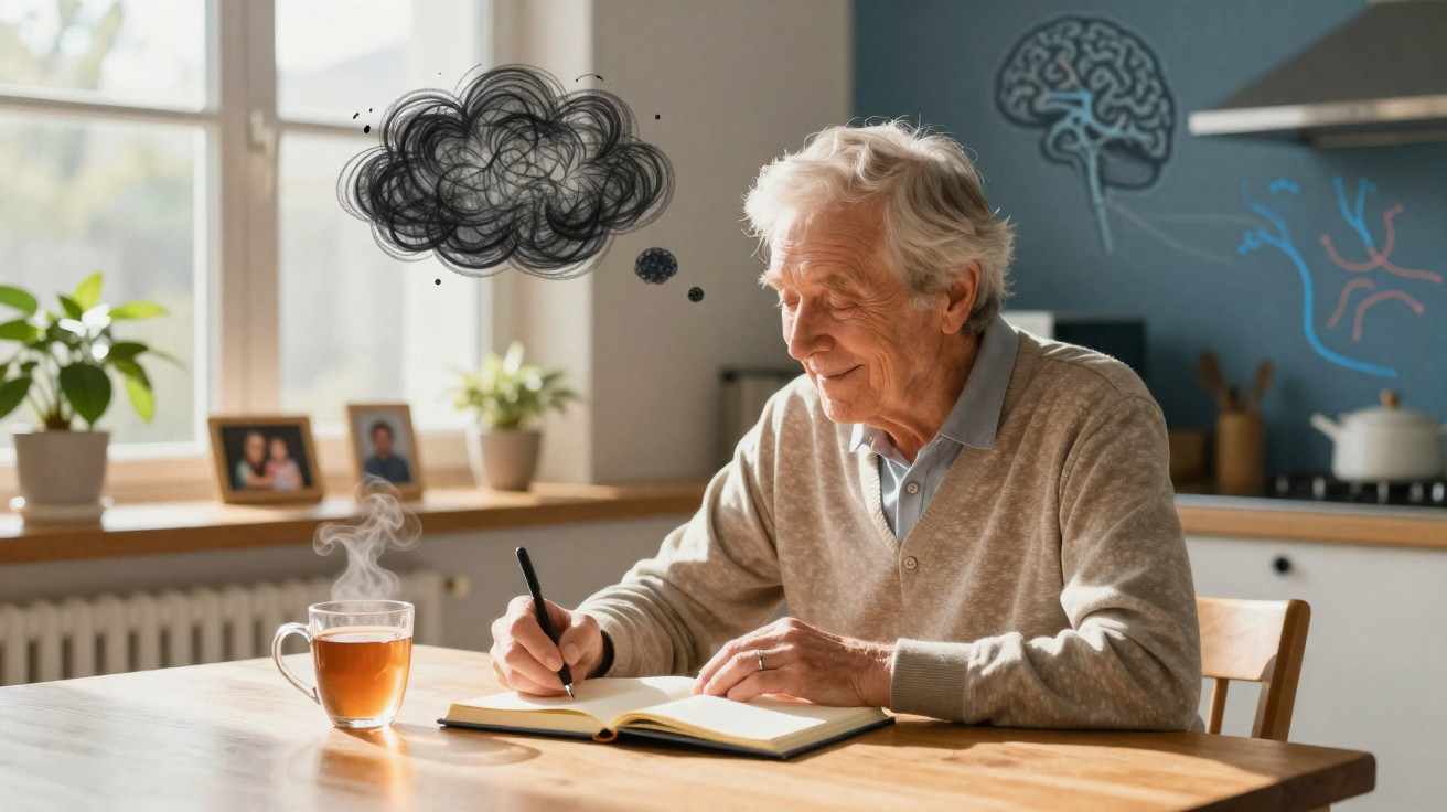 Idoso sentado a escrever num caderno, com chá quente e desenhos alusivos ao cérebro na parede.